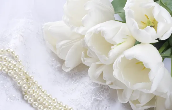 Picture flowers, bouquet, tulips, pearl, beads, white, lace