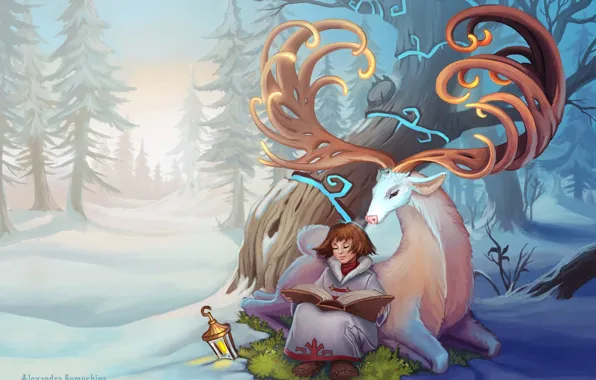 Picture winter, forest, tree, deer, art, girl, lantern, horns, book, Alexandra Semushina