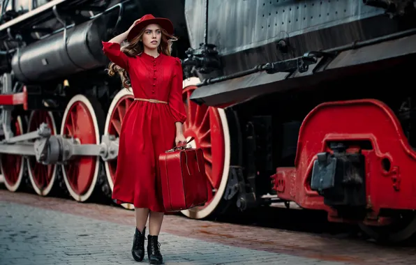 Picture girl, style, model, the engine, the situation, the platform, suitcase, hat, red dress, Alina Tours