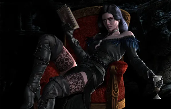 Picture girl, wine, chair, book, Witcher, The Witcher 3: Wild Hunt, Yennefer, cd Projekt red, Yennefer …