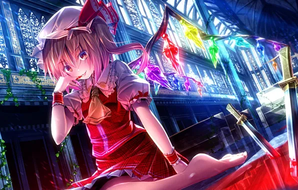 Picture girl, blood, wings, plants, art, crystals, knives, cap, touhou, flandre scarlet, ryosios