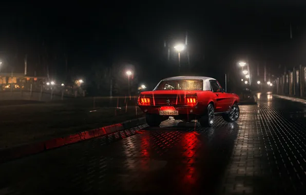 Picture white, red, reflection, rain, lamp, Mustang, Ford, back, Parking, 1967, rear, lampposts
