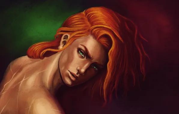 Picture red, guy, green eyes, fan art, scars, Kvothe, Cote, Kingkiller Chronicle, Name of the Wind