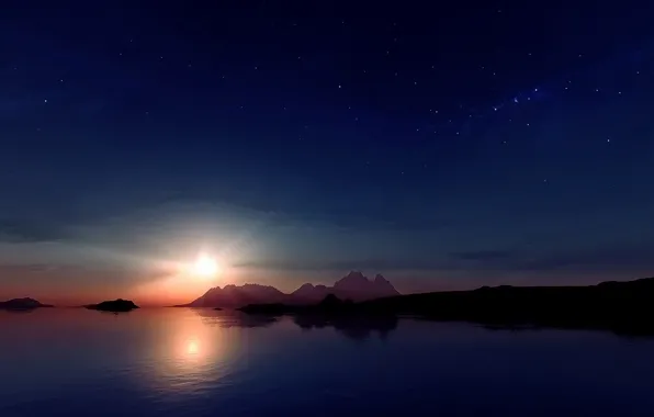 Picture stars, sunset, mountains, reflection, The sun, The moon, moon, sunset, mountain, stars, sun, reflection