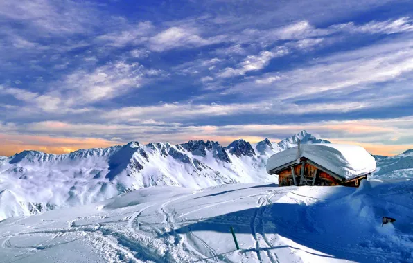 Picture winter, the sky, clouds, snow, landscape, nature, house, rocks, mountain, rock, house, white, sky, landscape, …