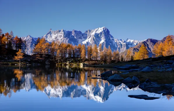 Picture autumn, the sky, snow, trees, mountains, lake, reflection