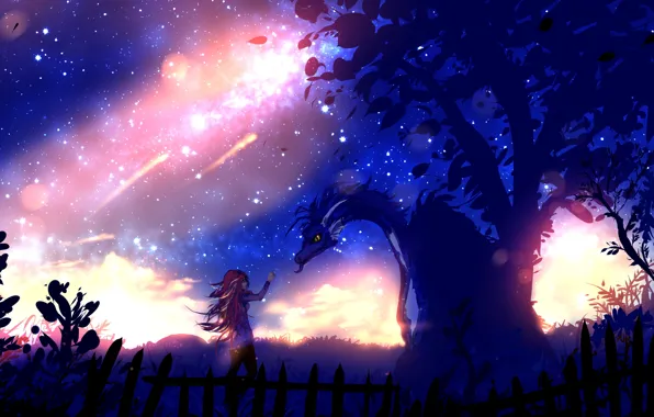 Picture girl, stars, night, dragon, art, by ryky, under the lights