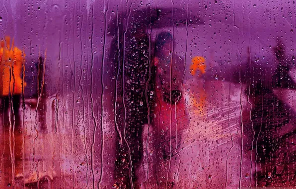 Picture glass, drops, rain, street, umbrella, the plot, pair