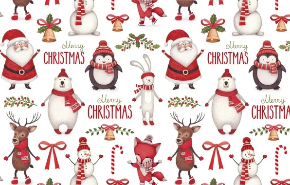 Picture background, holiday, texture, deer, New year, horns, penguin, candy, Santa Claus, bell, scarf, Bunny, bow, …