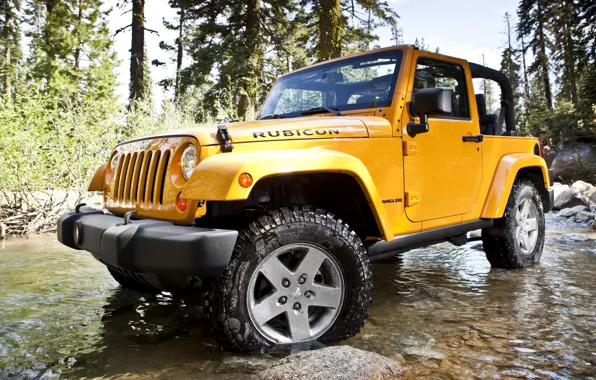 Picture forest, water, trees, stones, SUV, Jeep, the front, Ford, Wrangler, Ringler, Jeep, Rubicon, Rubicon