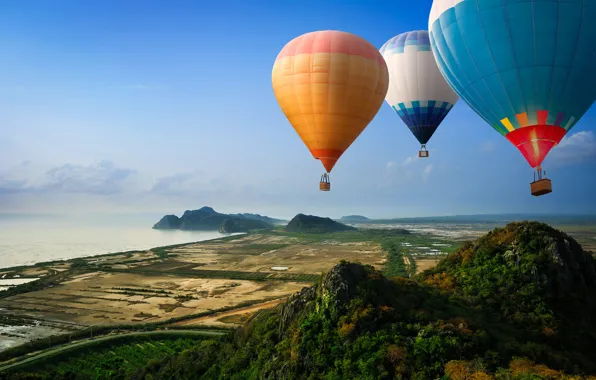 Picture road, sea, mountains, balloons, hills, shore, view