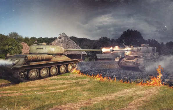 Picture fire, Germany, tank, USSR, USSR, A IV, tanks, Germany, WoT, World of Tanks, T-34-85, Wargaming.Net, …
