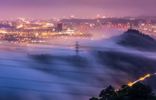 Picture the sky, trees, the city, lights, fog, hills, wire, view, height, lighting, panorama, China, support, …