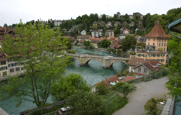 Picture the sky, trees, bridge, river, home, Switzerland, Bern, Bern