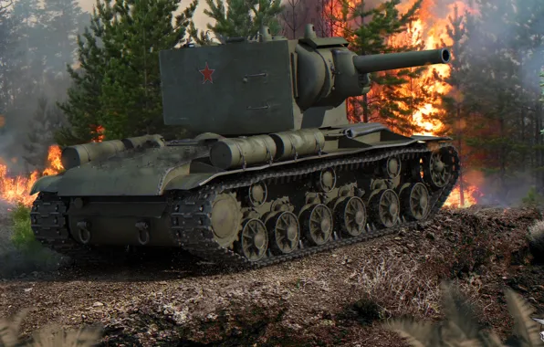 Picture forest, fire, fire, smoke, power, tank, armor, heavy, Soviet, KV-2, World of Tanks