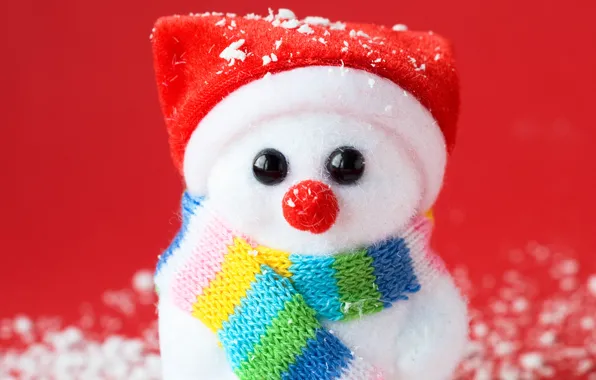 Picture snowman, scarf, red background, cap, souvenir, artificial snow