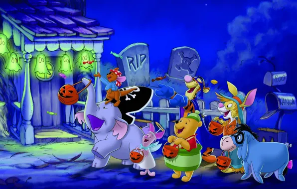 Picture joy, night, lights, house, candy, Halloween, Halloween, friends, Winnie The Pooh