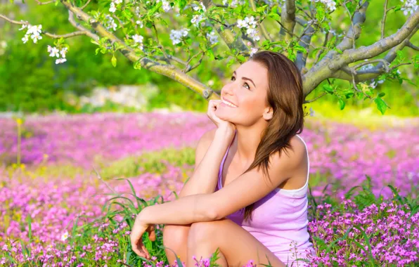 Picture look, flowers, smile, tree, sitting, girl. mood