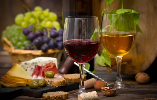 Picture wine, red, white, basket, cheese, glasses, grapes, nuts