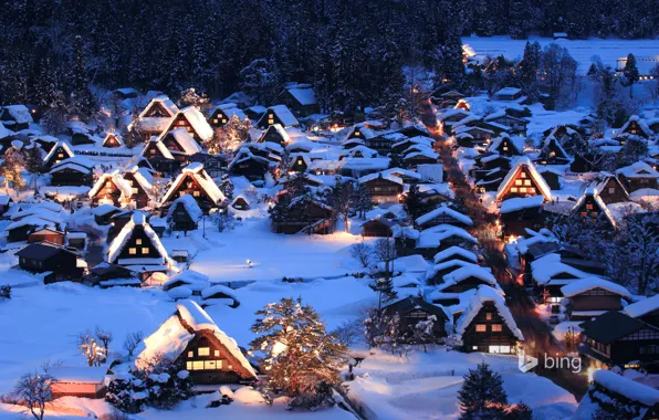 Picture winter, snow, night, lights, Japan, valley, the island of Honshu, Gokayama, Shirakawa-go