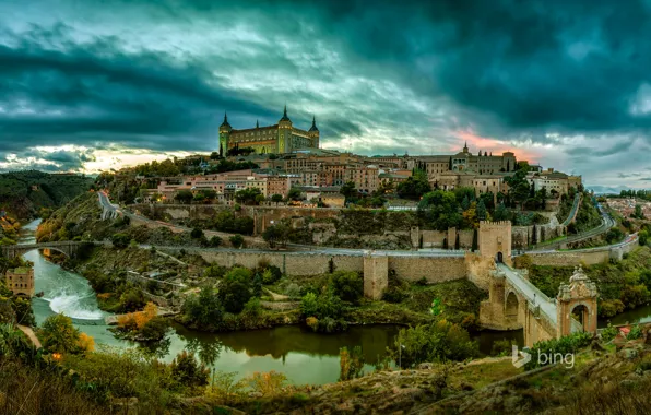 Picture the sky, clouds, trees, landscape, sunset, bridge, river, castle, tower, home, hill, Spain, Spain, Toledo, …