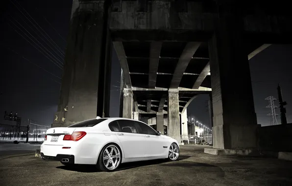 Picture white, night, bridge, BMW, BMW, white, 750Li, 7 Series, concrete pillars, F02
