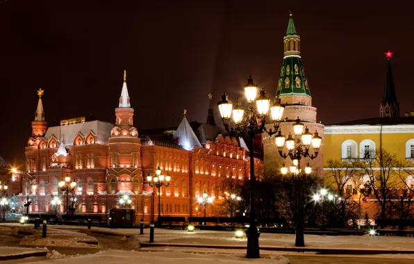 Picture winter, night, the city, lights, Red, area, lights, Moscow, tower, The Kremlin, Museum
