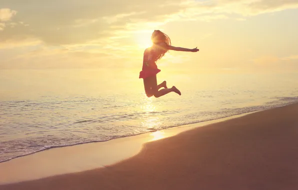 Picture The sun, Sea, Beach, Girl, Jump