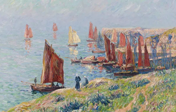 Picture sea, the sky, landscape, people, rocks, picture, boats, sail, Henri Moret, Returning of the Boats