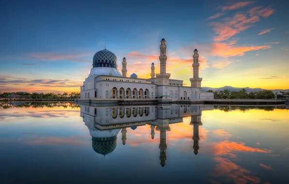 Picture clouds, reflection, morning, mirror, Malaysia, Likas Bay, Kota Kinabalu city Mosque, sand road, the Likas …