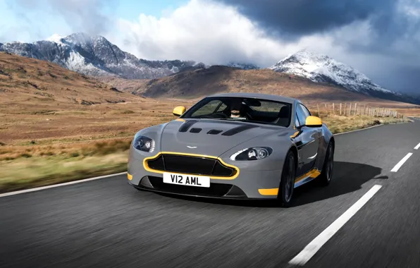 Picture road, car, auto, Aston Martin, speed, Aston Martin, grey, yellow, V12, and, Vantage S, Sport-Plus …