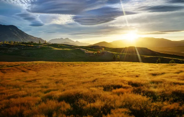 Picture field, grass, the sun, clouds, rays, mountains, glare, hills, New Zealand