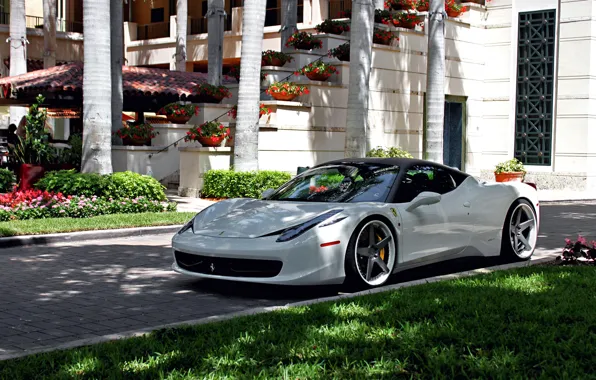 Picture Ferrari, Grass, 458, White, Tuning, Villa, Italia, Wheels, Yard