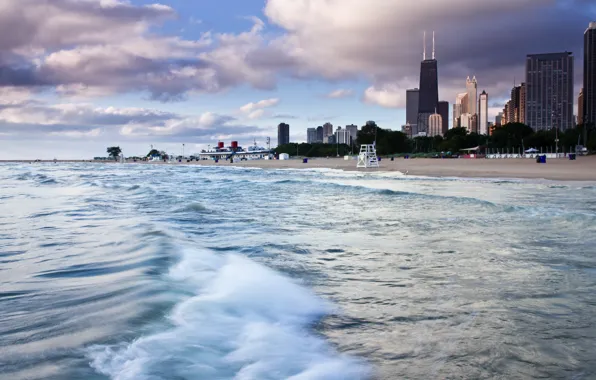 Picture sand, beach, water, shore, skyscrapers, America, Chicago, USA, Il