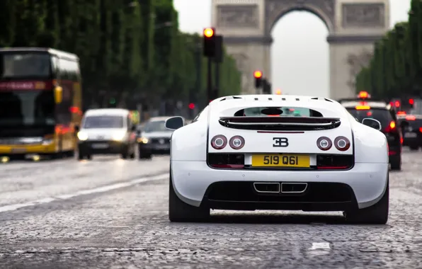 Picture white, machine, the city, Bugatti, arch, Veyron, white, Bugatti, paris, france, back, Super, Sport, Veyron, …