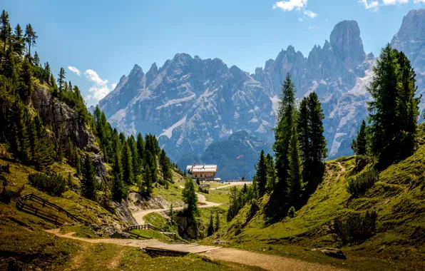 Picture trees, mountains, stones, rocks, Alps, Italy, gorge, Sunny, path, camp, The Dolomites