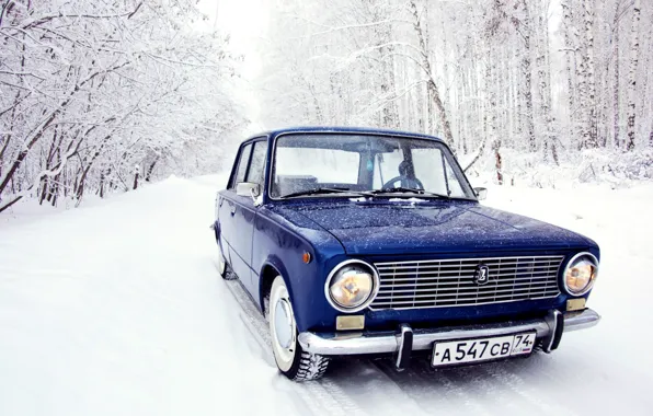 Picture winter, forest, snow, penny, blue, Lada, Lada, 2101, VAZ