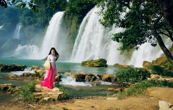 Picture girl, nature, waterfall, walk, East