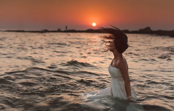 Picture wave, water, girl, the sun, sunset, dress, the bride