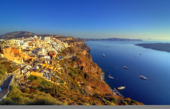 Picture sea, landscape, mountains, rocks, home, The city, Santorini, Greece, town, architecture, Santorini, Greece, yacht.