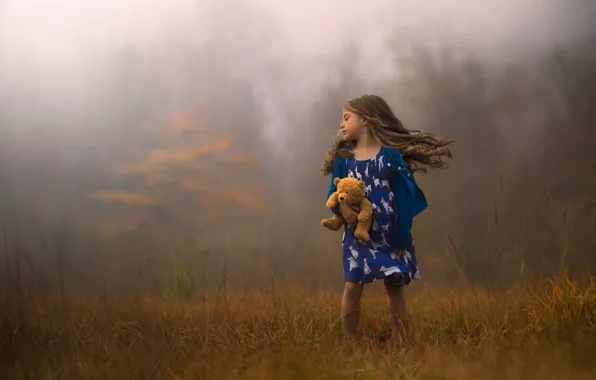 Picture autumn, the wind, hair, toy, bear, girl