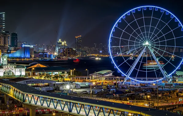 Picture night, bridge, lights, wheel, attraction, Ferris, Hong Kong