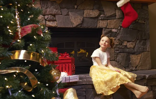 Picture dreams, reverie, holiday, tree, new year, child, dress, girl, gifts, fireplace, new year