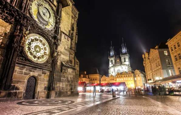 Picture night, the city, people, watch, building, Prague, Czech Republic, lighting, architecture, Prague, The Czech Republic, …