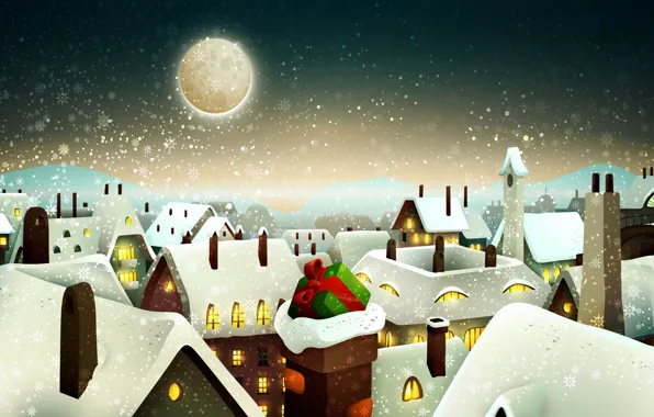Picture snow, the city, gift, Windows, home, Winter, The moon