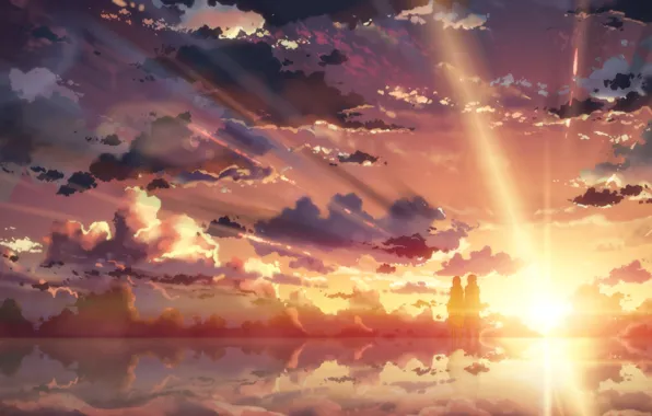 Picture the sky, water, girl, the sun, clouds, sunset, reflection, anime, art, guy, yuuki tatsuya, sword …
