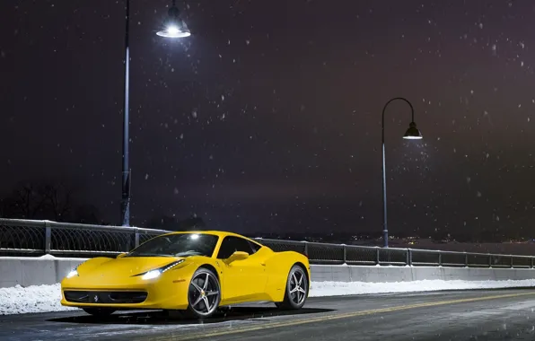 Picture Ferrari, 458, Front, Snow, Yellow, Italia, Road, Supercar, Ligth, Nigth