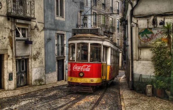 Picture building, tram, track, Portugal, Coca-Cola, Lisbon, city