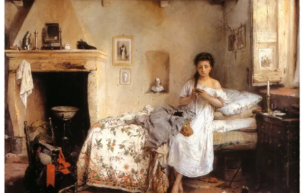 Picture Bed, Wallpaper, Chair, White Dress, Window, Fireplace, Sad Woman