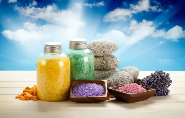Picture stones, jars, sky, lavender, Spa, stones, lavender, spa, salt, bath salt